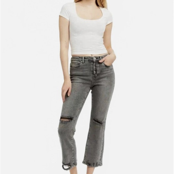 Tractr Button Me Up Grey High Rise Stretch Distressed Crop Jeans Sz 4/27 NWT - Picture 1 of 13